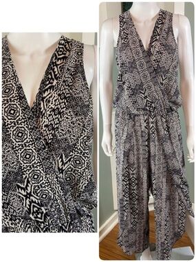 Peyton Jensen Black White Tribal Filligree Ikat Jumpsuit Crop Split Leg Medium M